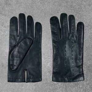 Vintage Black Genuine Leather Driving Gloves Lined Pintuck Detail Women Size 10